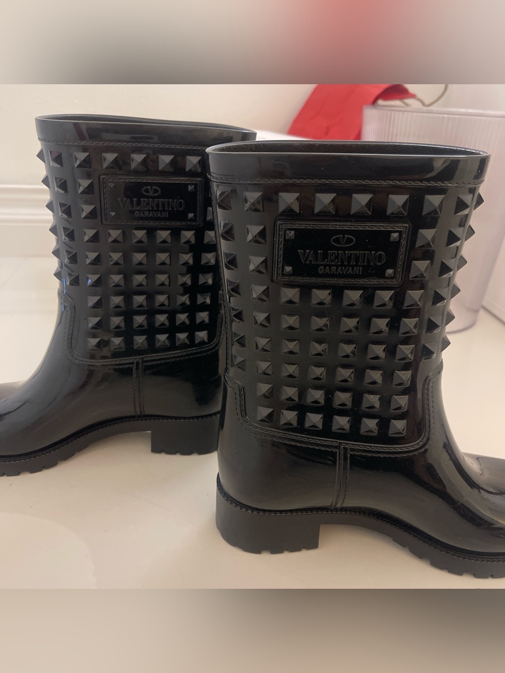 Valentino Black Patent Studded Mid-Calf Rain Boots
